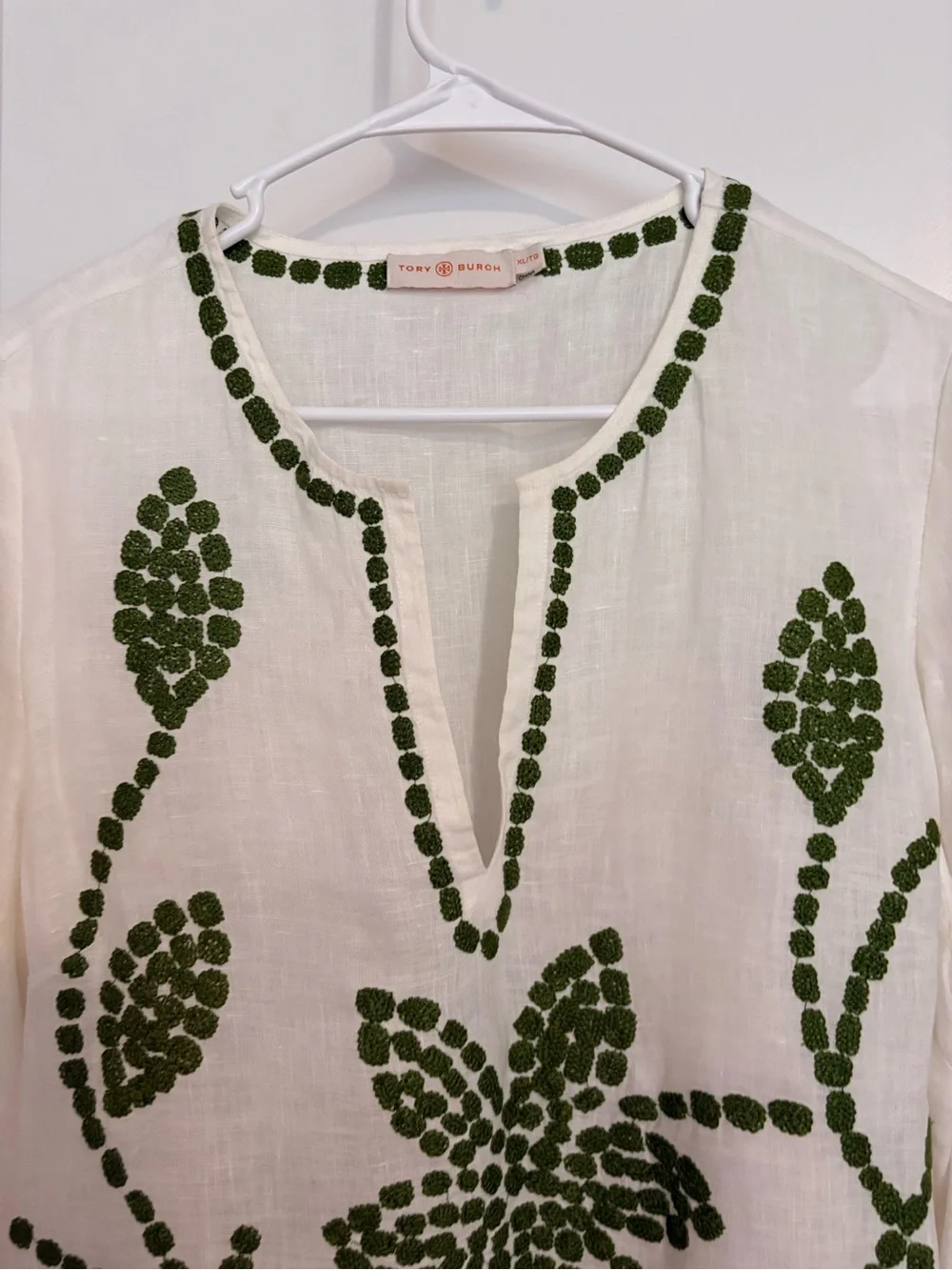 Tory Burch White Tunic with Green Floral Embroidery NWOT